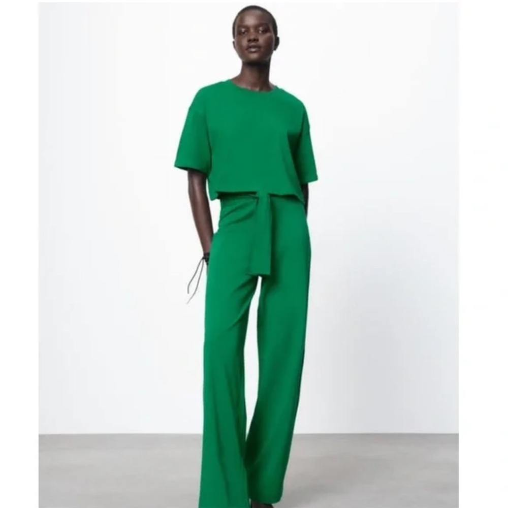 ZARA bright green TIED COTTON PANTS, loose fit, high waisted, size S